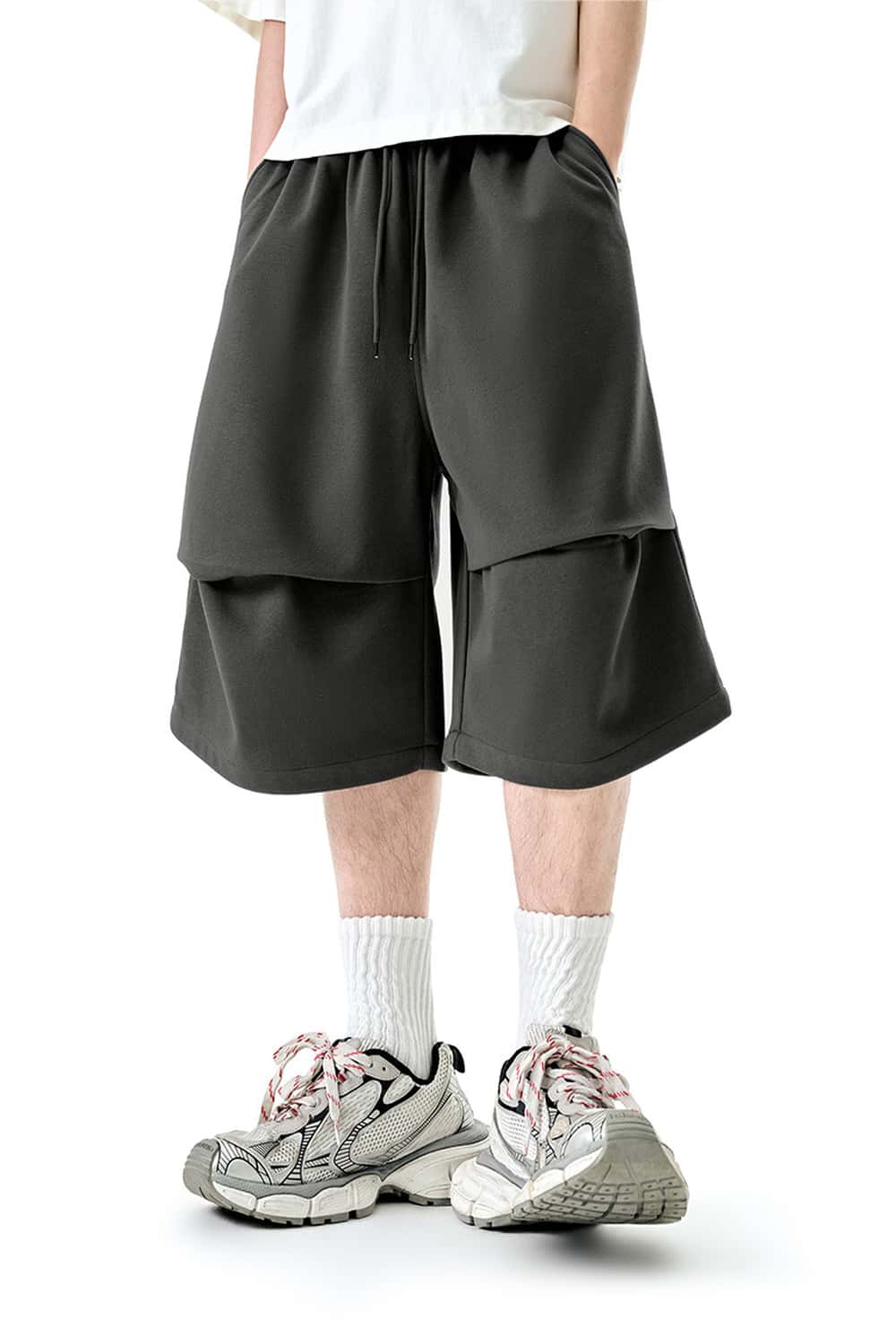 Wide-Leg Drawstring Sweat Shorts - Dark Gray