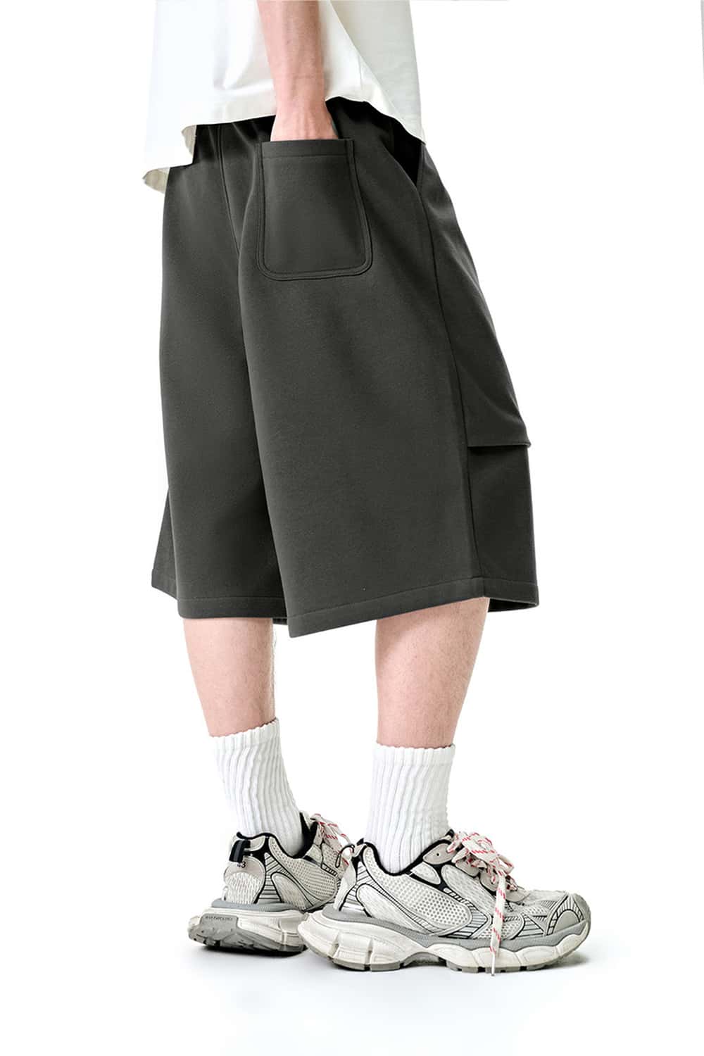 Wide-Leg Drawstring Sweat Shorts - Dark Gray