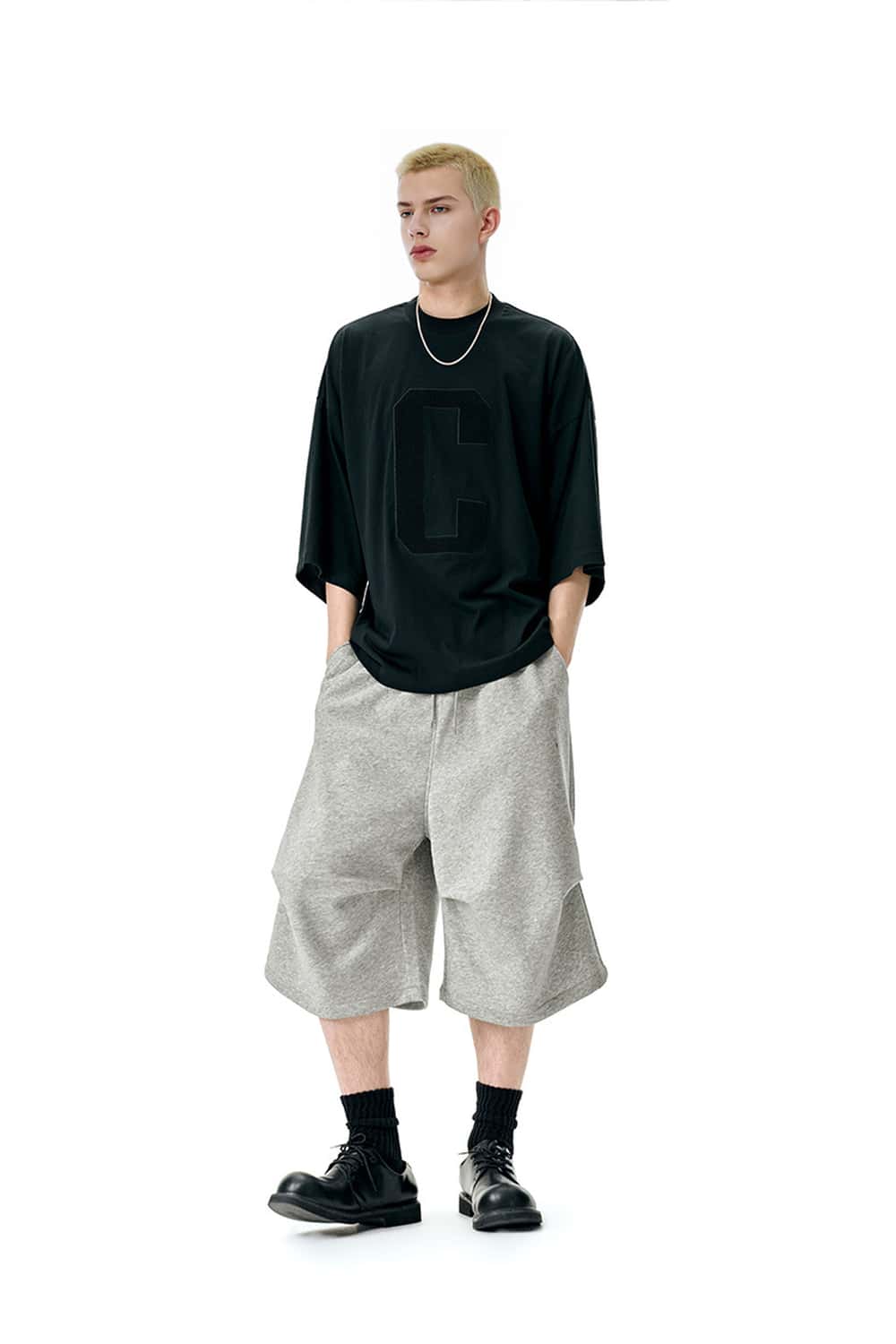 Wide-Leg Drawstring Sweat Shorts - Flower Gray