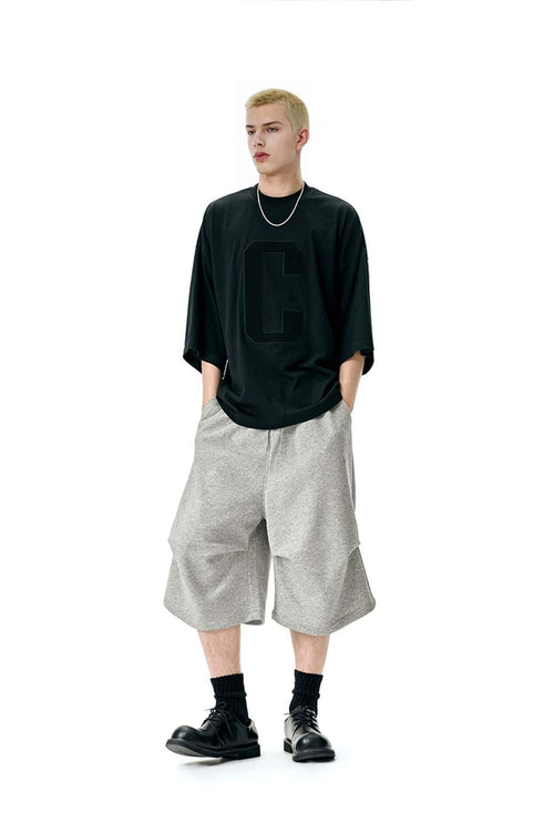 Wide-Leg Drawstring Sweat Shorts - Flower Gray