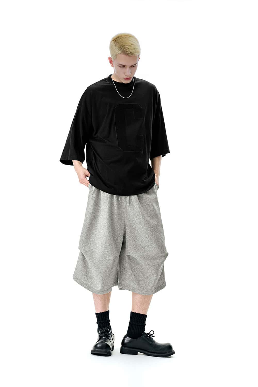 Wide-Leg Drawstring Sweat Shorts - Flower Gray