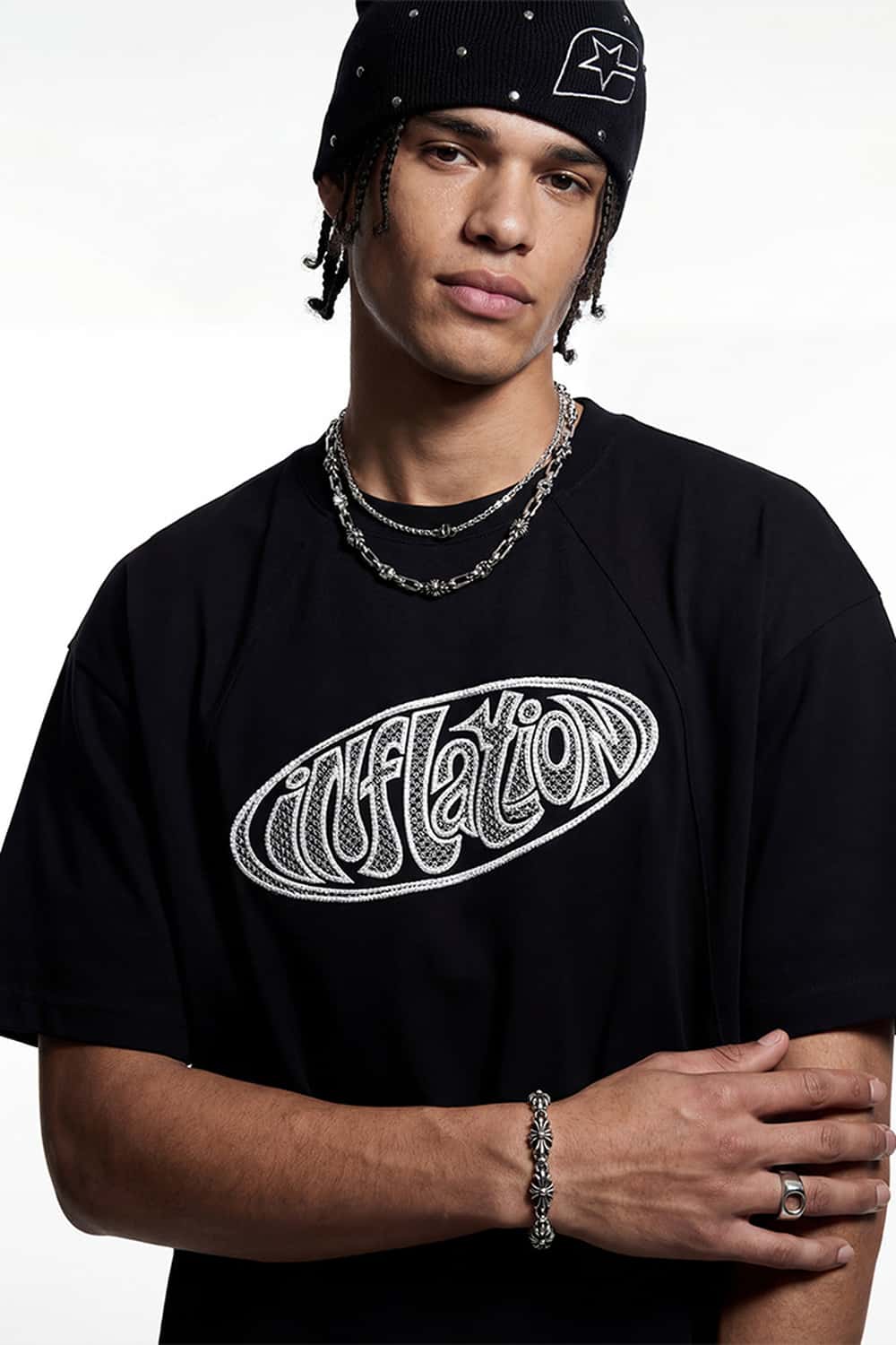 Openwork Embroidered Graphic T-Shirt - Black