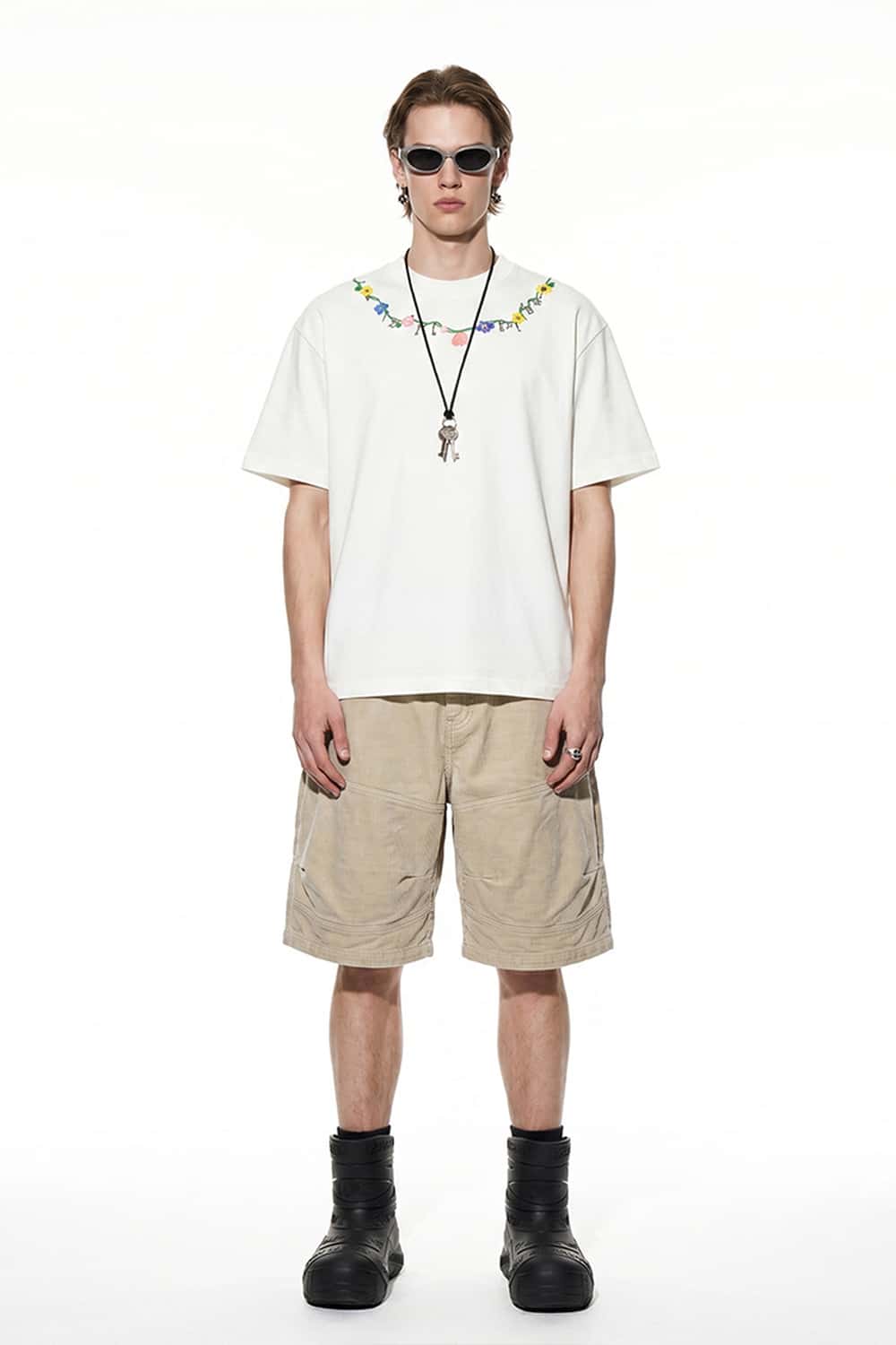 Floral Embroidered Neckline T-Shirt - Cream White