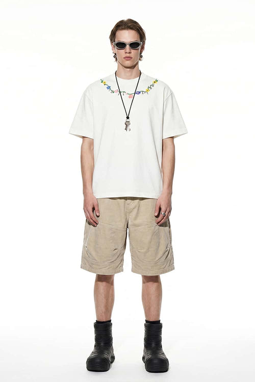 Floral Embroidered Neckline T-Shirt - Cream White