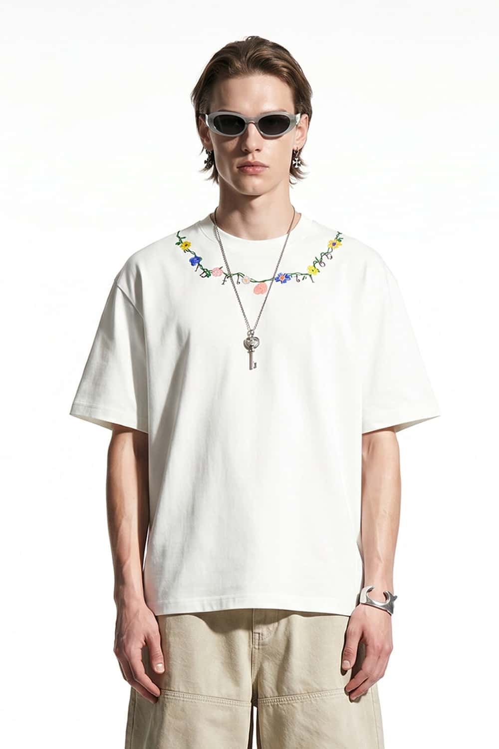 Floral Embroidered Neckline T-Shirt - Cream White