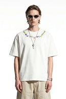 Floral Embroidered Neckline T-Shirt - Cream White