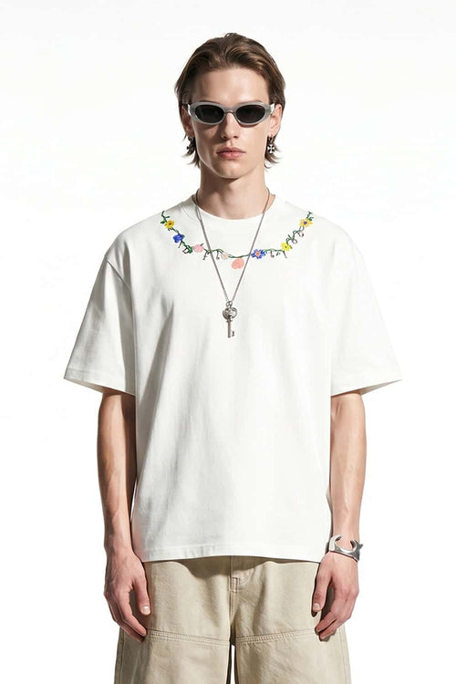 Floral Embroidered Neckline T-Shirt - Cream White