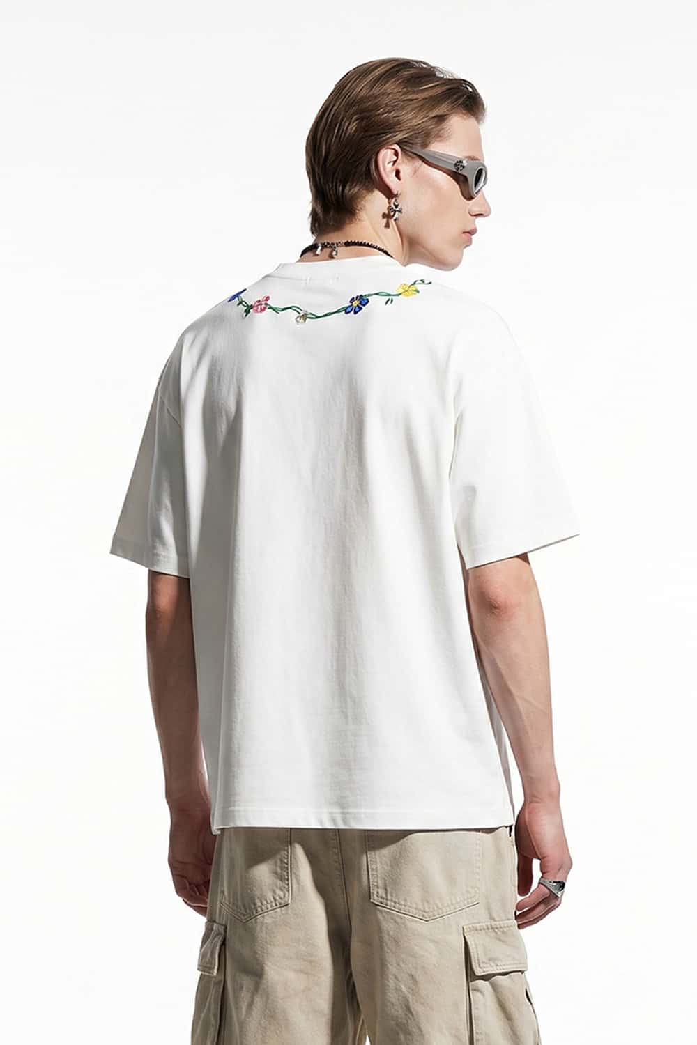 Floral Embroidered Neckline T-Shirt - Cream White