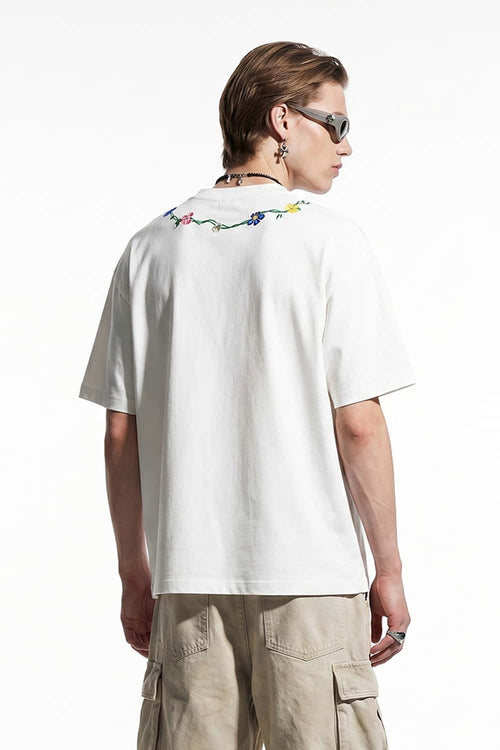 Floral Embroidered Neckline T-Shirt - Cream White