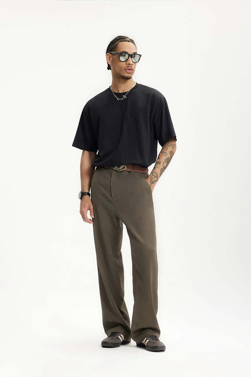 Draped Straight-Leg Trousers - Dark Brown