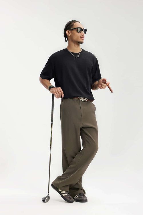 Draped Straight-Leg Trousers - Dark Brown