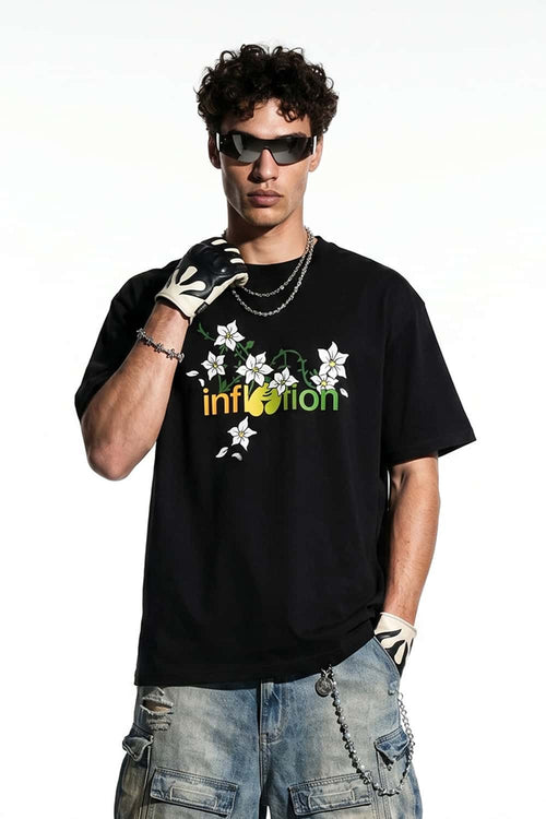 Floral Graphic Loose T-Shirt - Black