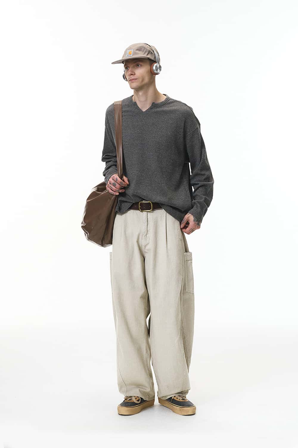 Pleated Utility Wide-Leg Pants - Light Gray