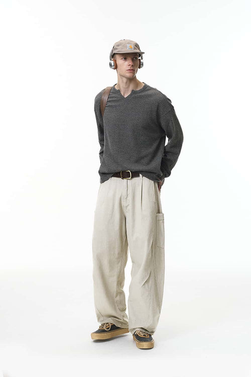 Pleated Utility Wide-Leg Pants - Light Gray