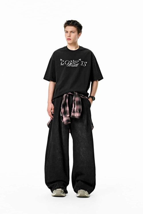 Washed Pleated Wide-Leg Jeans - Black