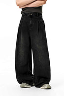 Washed Pleated Wide-Leg Jeans - Black