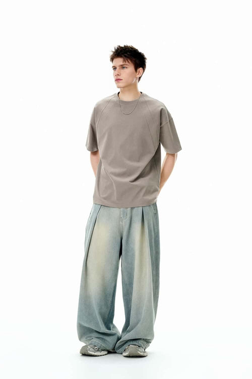 Washed Pleated Wide-Leg Jeans - Dark Gray