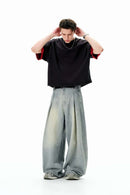 Washed Pleated Wide-Leg Jeans - Dark Gray