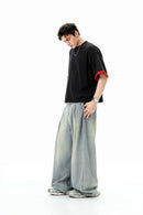 Washed Pleated Wide-Leg Jeans - Dark Gray