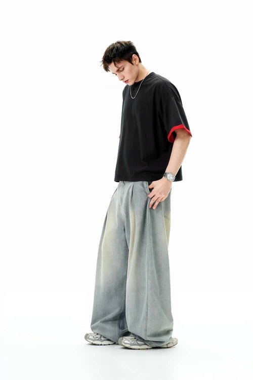 Washed Pleated Wide-Leg Jeans - Dark Gray