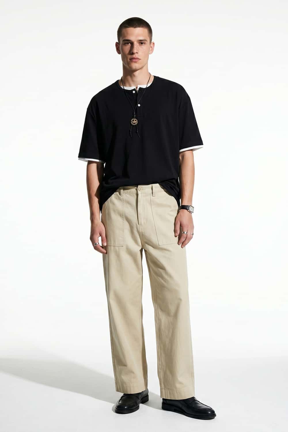Layered Henley Loose Fit T-Shirt - Black