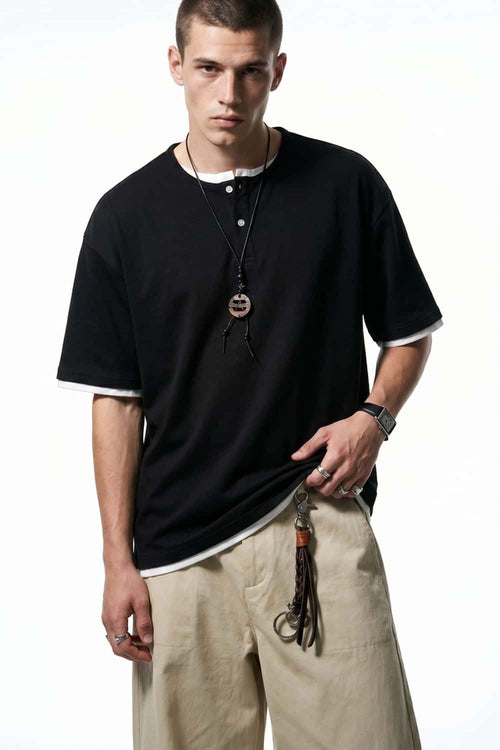 Layered Henley Loose Fit T-Shirt - Black