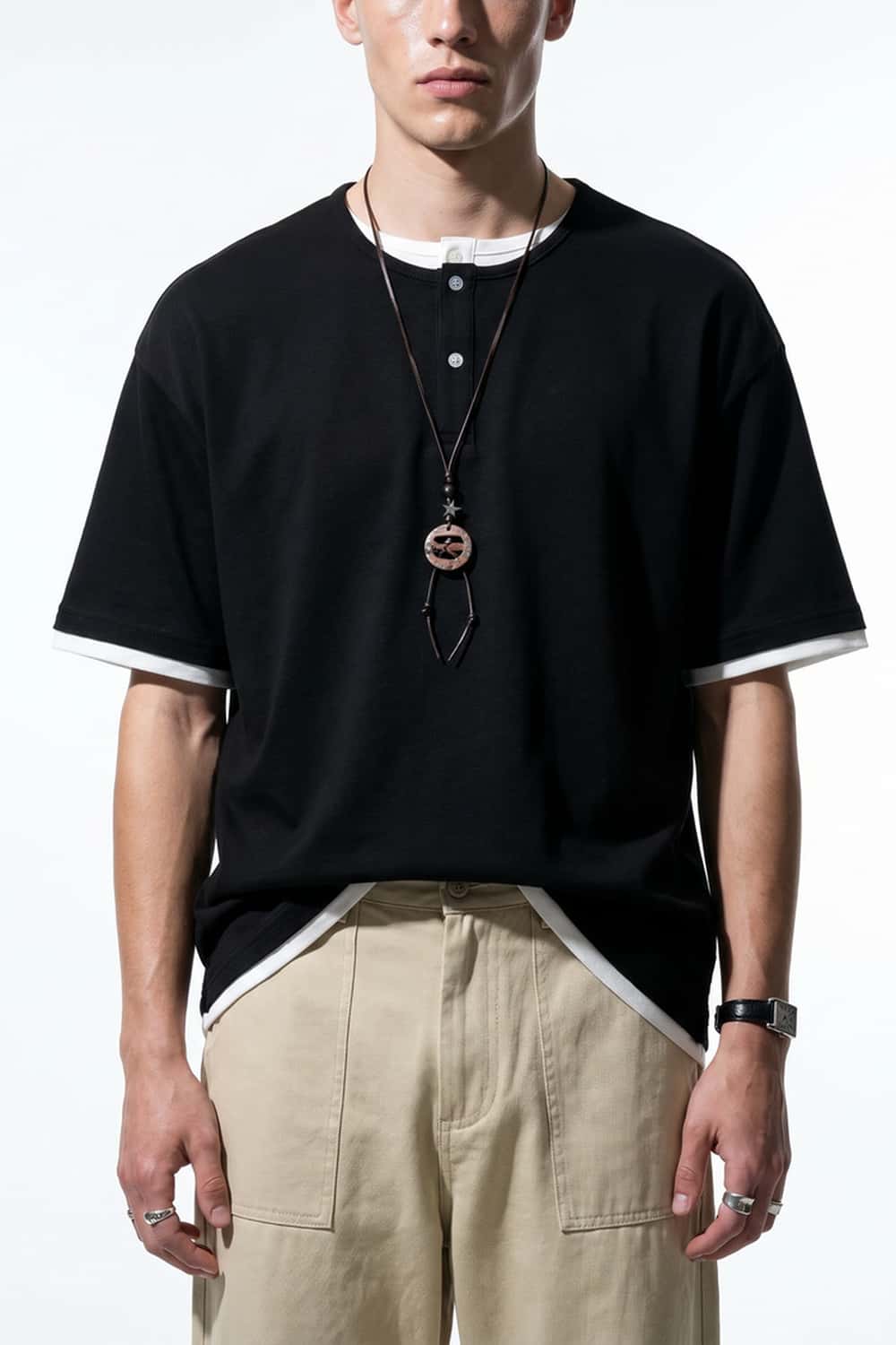 Layered Henley Loose Fit T-Shirt - Black
