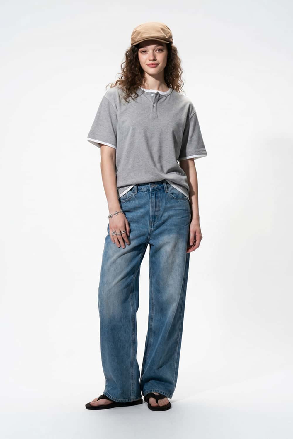 Layered Henley Loose Fit T-Shirt - Flower Gray