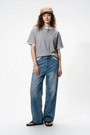 Layered Henley Loose Fit T-Shirt - Flower Gray