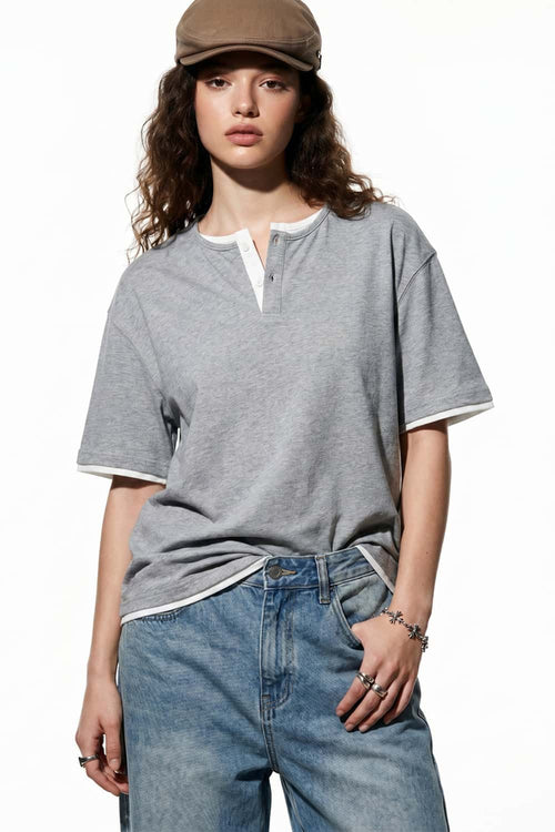 Layered Henley Loose Fit T-Shirt - Flower Gray