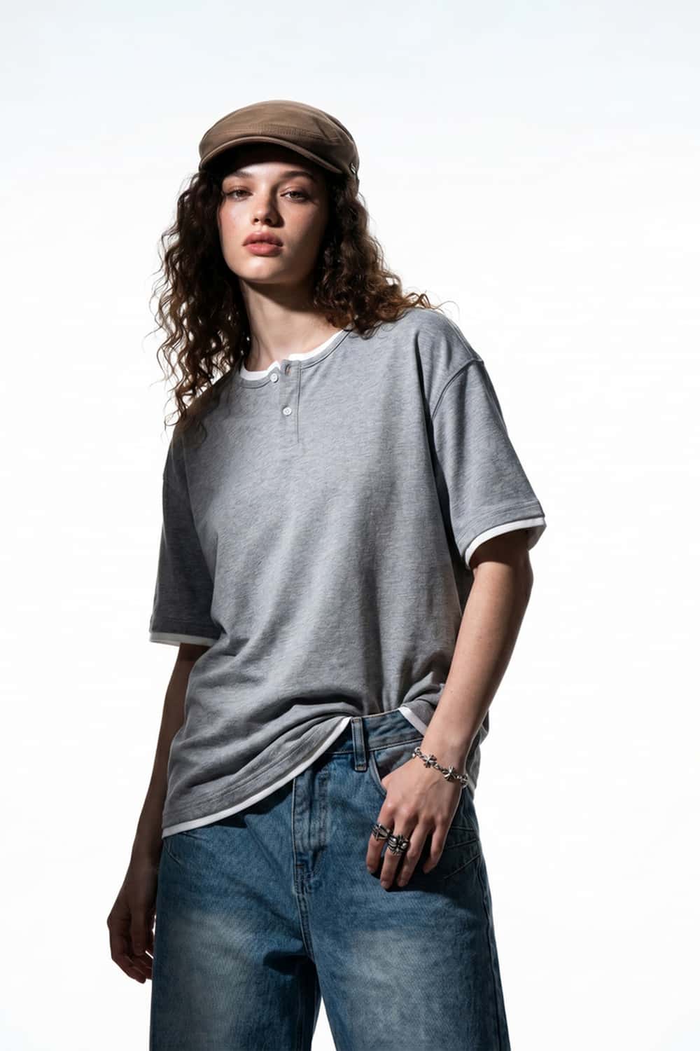 Layered Henley Loose Fit T-Shirt - Flower Gray
