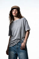 Layered Henley Loose Fit T-Shirt - Flower Gray