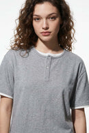 Layered Henley Loose Fit T-Shirt - Flower Gray