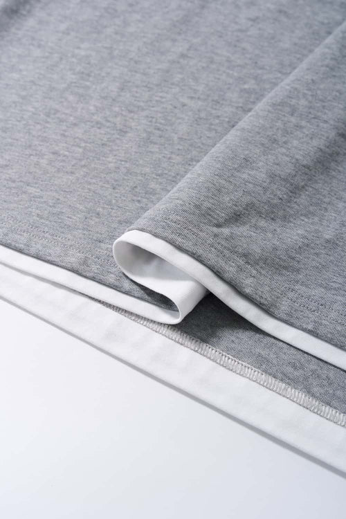 Layered Henley Loose Fit T-Shirt - Flower Gray