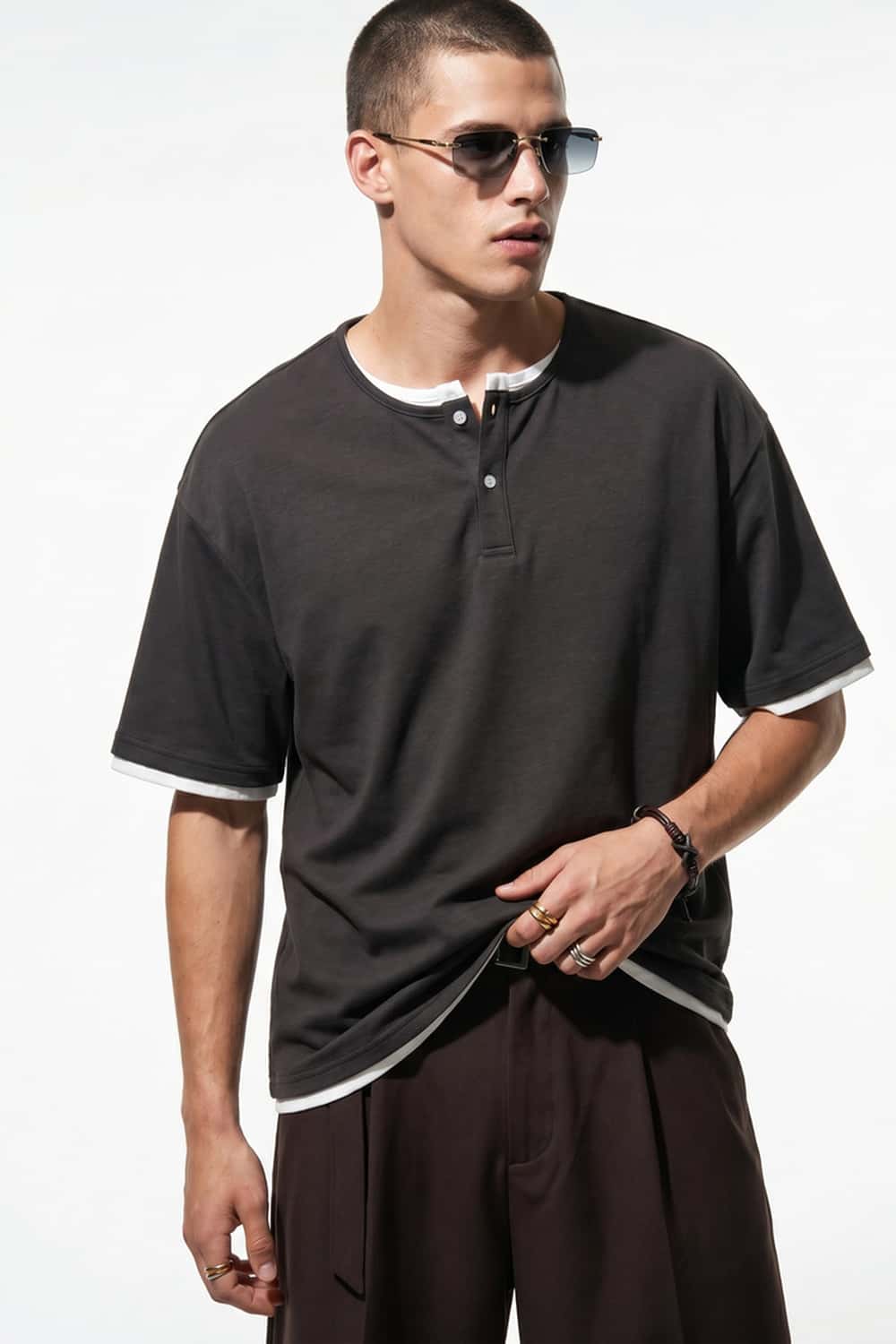 Layered Henley Loose Fit T-Shirt - Iron Gray