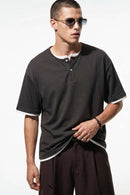 Layered Henley Loose Fit T-Shirt - Iron Gray