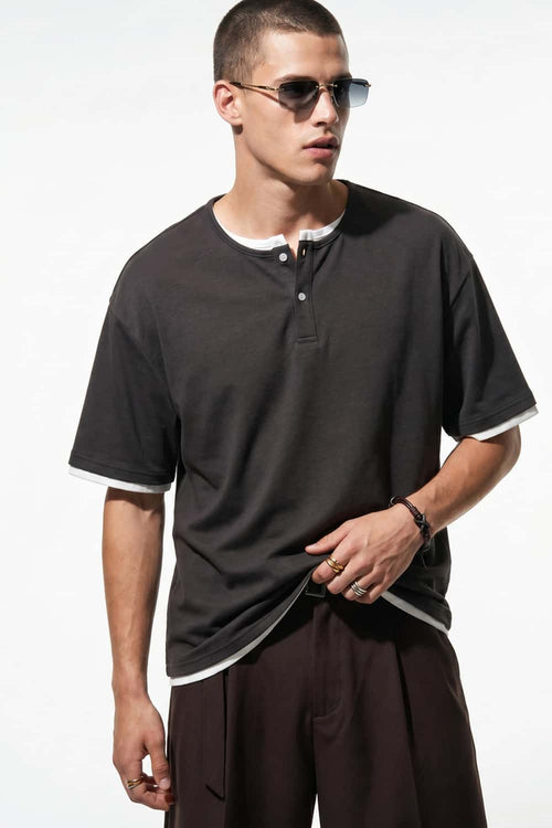 Layered Henley Loose Fit T-Shirt - Iron Gray