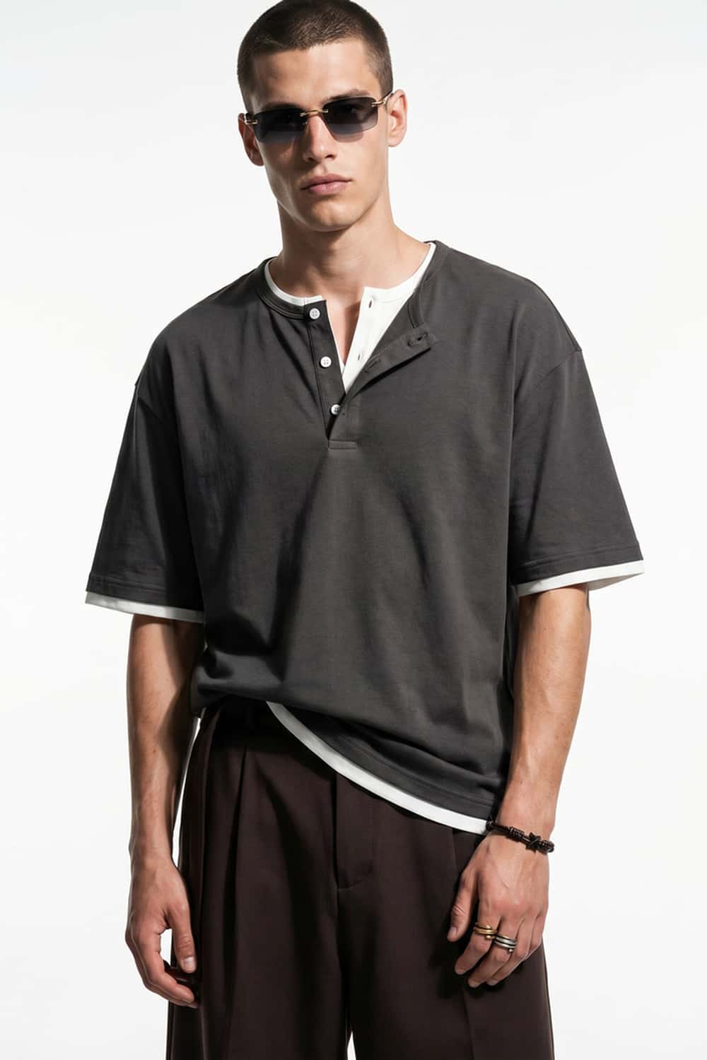 Layered Henley Loose Fit T-Shirt - Iron Gray