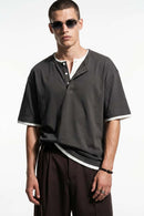 Layered Henley Loose Fit T-Shirt - Iron Gray