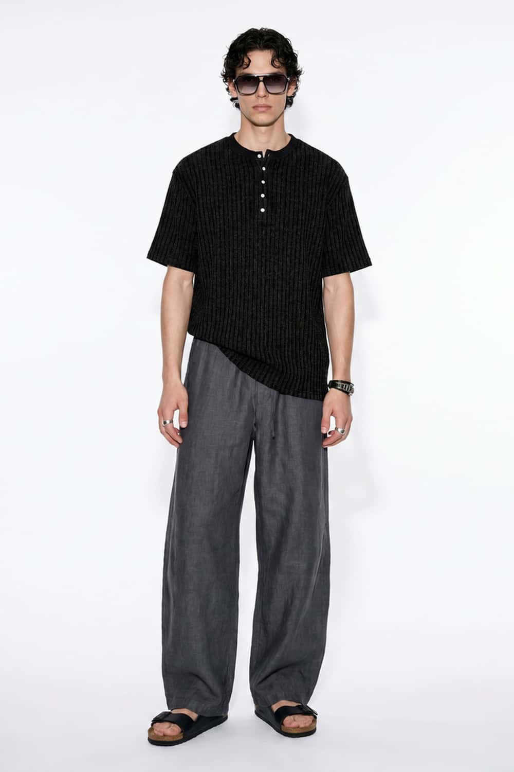 Textured Henley Knit T-Shirt - Black
