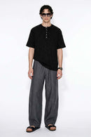 Textured Henley Knit T-Shirt - Black