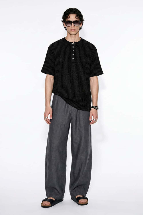 Textured Henley Knit T-Shirt - Black