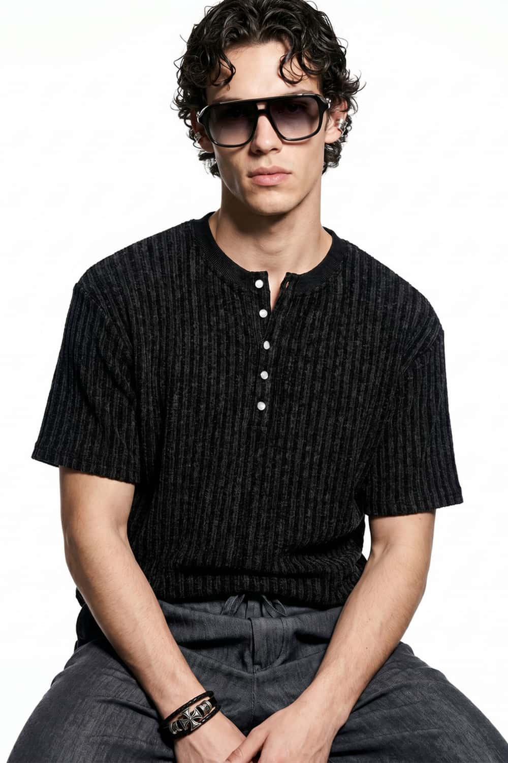 Textured Henley Knit T-Shirt - Black