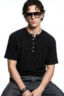 Textured Henley Knit T-Shirt - Black