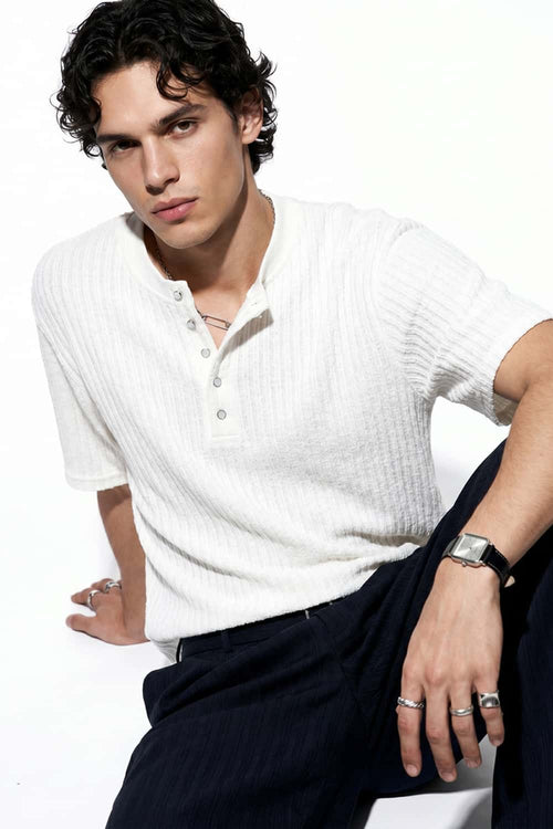Textured Henley Knit T-Shirt - White