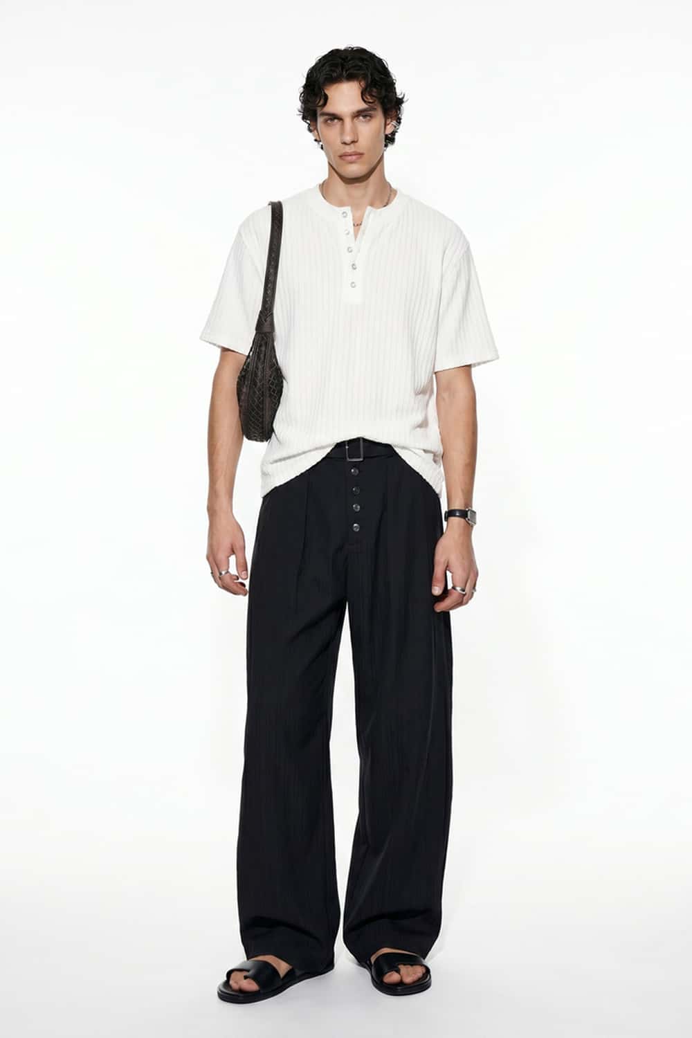 Textured Henley Knit T-Shirt - White