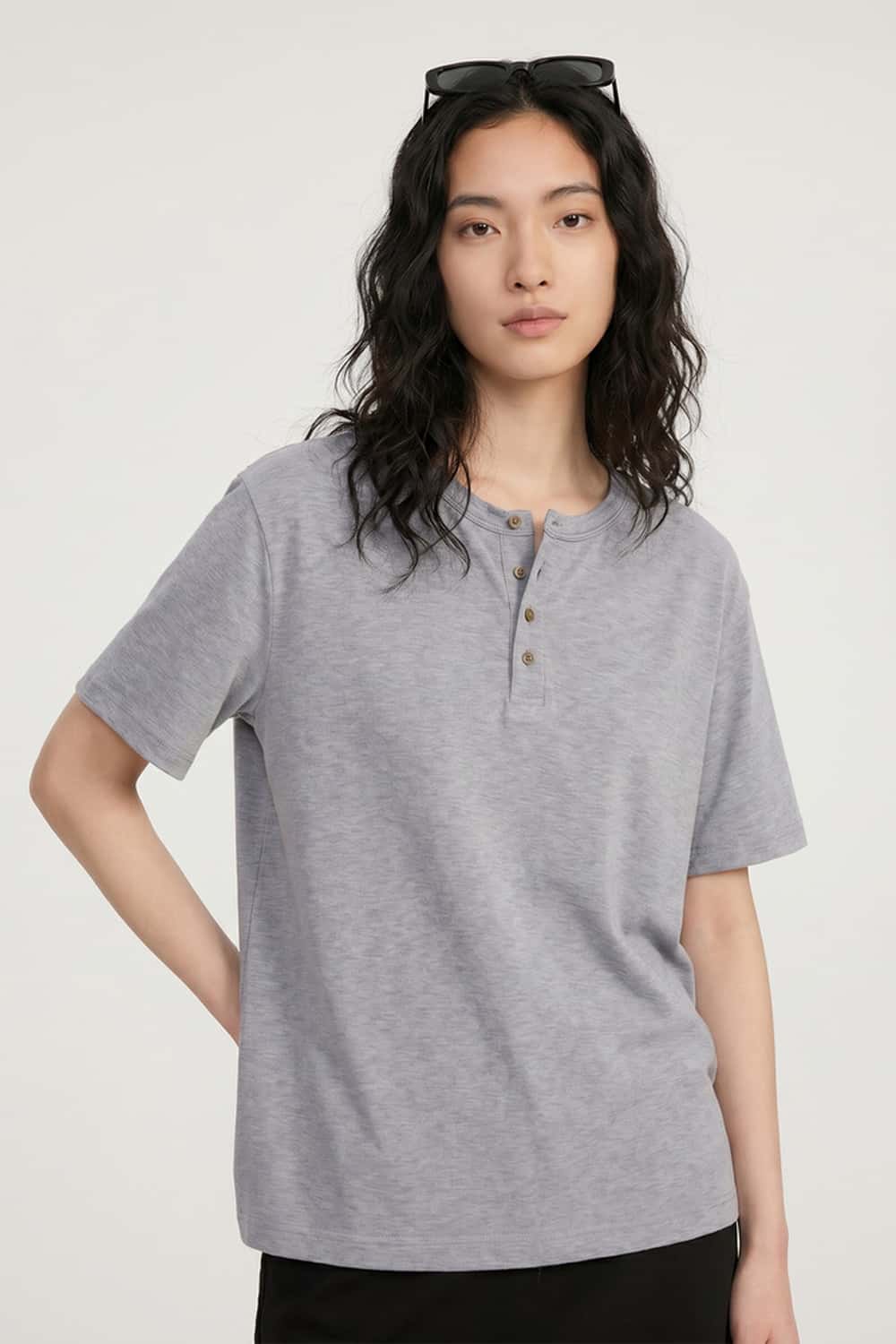 Textured Henley Short-Sleeve T-Shirt - Flower Gray