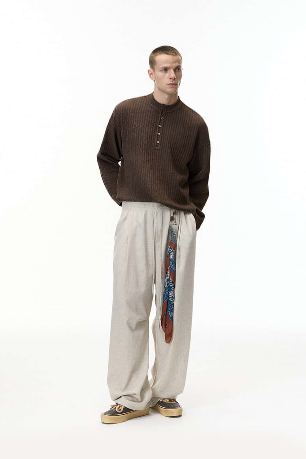 Waffle Henley Long-Sleeve T-Shirt - Dark Brown