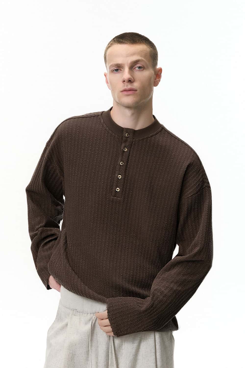 Waffle Henley Long-Sleeve T-Shirt - Dark Brown