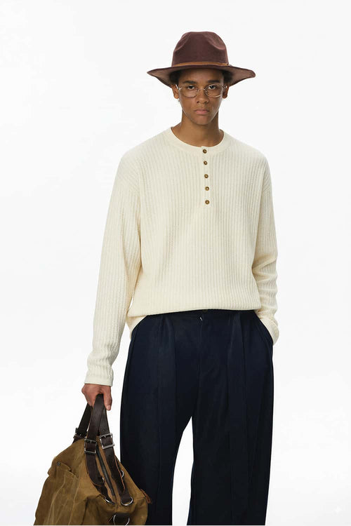 Waffle Henley Long-Sleeve T-Shirt - Off White